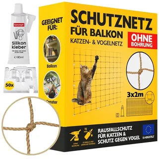 konzept 11 - Katzennetz für Balkon Ohne Bohren Set 3x2M, Vogelabwehr Sicherheitsnetz für Fenster, Balkon, Katze, Starker Balkonnetz Vogelschutznetz Volierennetz