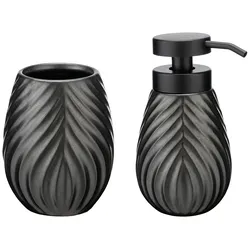 Badaccessoire-Set WENKO "Modell Idro Anthrazit", grau, strukturiert, Keramik, Kunststoff, Badaccessoires-Sets, Seifenspender und Zahnputzbecher aus Keramik, Linien-Struktur