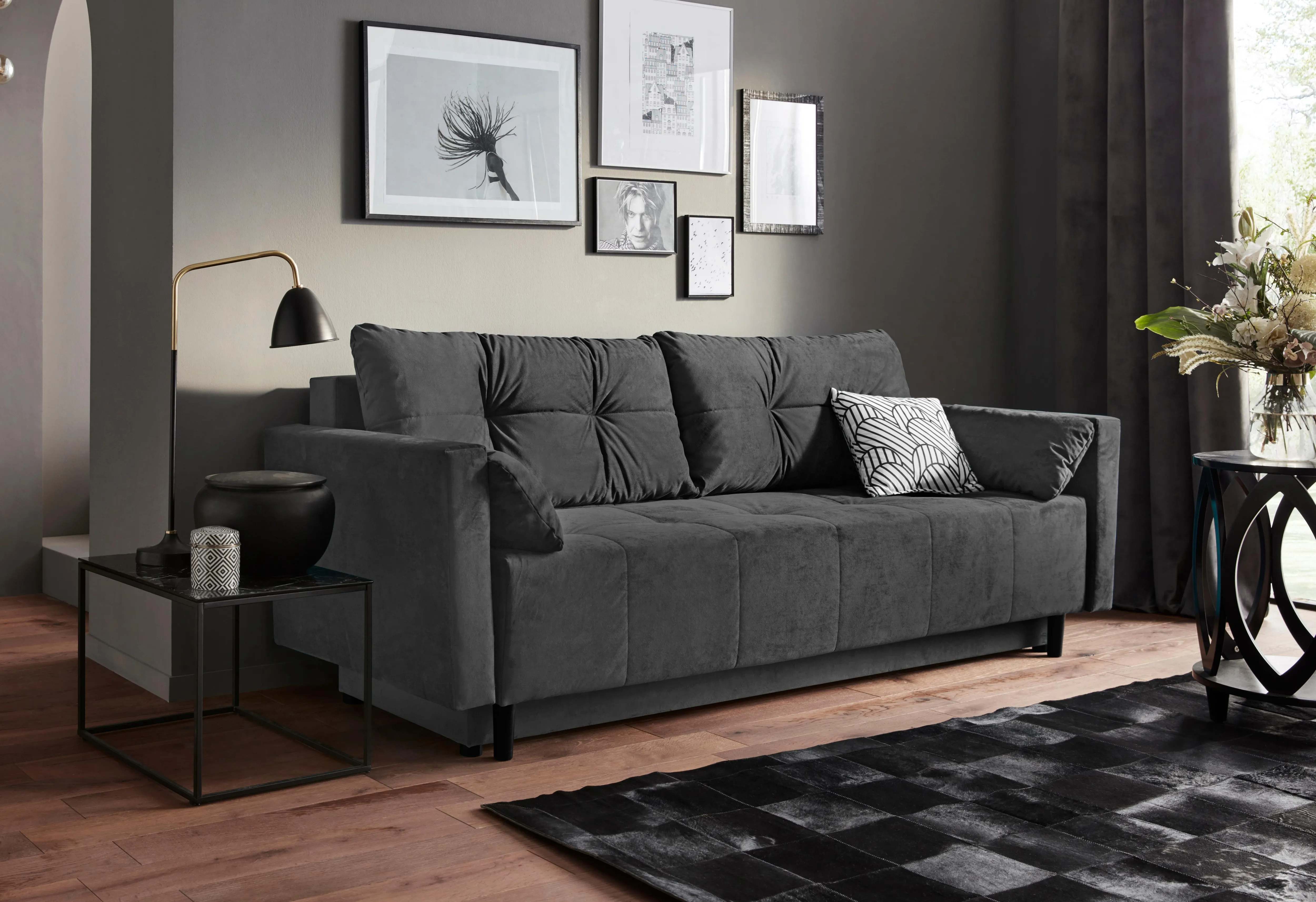 Schlafsofa COLLECTION AB "Solar", grau, B:225cm H:80cm T:86cm, Luxus-Microfaser (100% Polyester), Zierkissen (100% Polyester), Sofas, Bettfunktion, Bettkasten, Federkern und loser Rücken- und Zierkissen