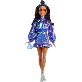 Barbie Deluxe Style-Modepuppe #7 in blauem Metallic-Top und Rock mit Accessoires, brünett
