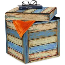 Relaxdays Sitzhocker mit Stauraum, Vintage Holzplanken Design, faltbar, gepolstert, Hocker HBT: 38x37,5x37,5 cm, bunt