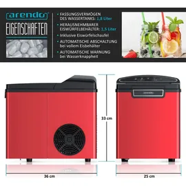 Arendo Eiswürfelmaschine, Ice Cube Maker, Wassertank 1,8 Liter, 12 bis 15 kg Eiswürfel in 24h, leise, Rot
