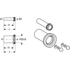 Geberit Anschlussgarnitur d 90mm, 185mm, f WWC, PE/PP, mattchr.