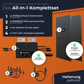 solarway Solarway® 1000W Balkonkraftwerk 800W komplett Steckdose - neuester 800 Watt Wechselrichter - Solaranlage Komplettset - 500W Solarmodule & Envertech & Zubehör