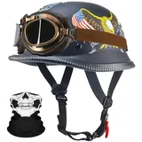 Deutsche Motorrad Jethelm ECE-Zertifizierung, Vintage Halbhelme Halbschalenhelm mit Schutzbrille Chopper Helm für Cruiser Street Scooter mit Schnellverschlussschnallen 22.4-25.2in