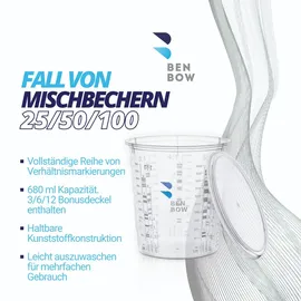 Benbow Profi-Messbecher mit Deckel 100x 680ml mit vielfältiger Skalierung - Becher mit Skala, Lackmischbecher, Meßbecher, Lackbecher