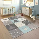 Paco Home Kinderteppich Teppich Kinderzimmer Pastell Kariert Punkte Mond Sterne Weiß Grau Blau, 80x150 cm