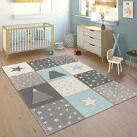 Paco Home Kinderteppich Teppich Kinderzimmer Pastell Kariert Punkte Mond Sterne Weiß Grau Blau, 80x150 cm