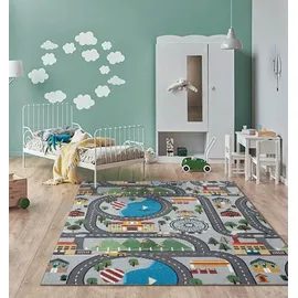 The CarPET Happy Life – Kinderteppich Spielteppich Straßen- und Stadtmotiv mit Auto, rutschfest & pflegeleicht, ideal fürs Kinderzimmer, Grau, 100 x 200 cm
