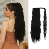 OUFEI Ponytail Extension Schwarz Lang Gewellt Synthetisch Extensions Zopf Klettverschluss Natural Pferdeschwanz Haarteil für Damen-24Zoll