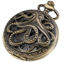 Tiong Vintage Octopus Hohl Quarz Taschenuhr Steampunk Bronze Taschenuhr mit Halskette Geschenk für Männer