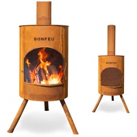 BonFeu BonTon 60 Rost - Terrassenofen - Feuerstelle mit Funkenschutz für entspannte Abende - Feuersäule Outdoor - Terrassenkamin mit Grillrost - Gartenofen aus Cortenstahl - 60x60x205cm
