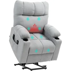 Homcom Fernsehsessel mit Aufstehhilfe Elektrisch Relaxsessel mit Liegefunktion, Wärmefunktion, Massagesessel mit Fernbedienung Becherhalter Seitentasche Fußteil Taschenfederkern Samtoptik Hellgrau
