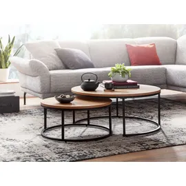 FineBuy Couchtisch FineBuy Sofatisch 2er Set Eiche Holz Metall Satztisch Tisch Rund