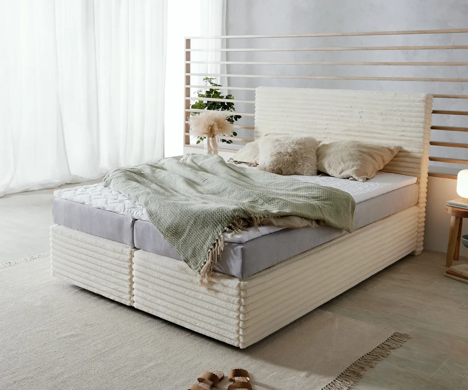 DELIFE Lit-à-sommier-tapissier Dream-Well Velours côtelé en peluche Beige 140x200 cm Matelas TFK Visco-surmatelas, Lits à sommier tapissier