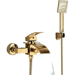 KLARWERK "ROSA" | Wasserfall Badewannenarmatur Gold Dusche |Edelstahl, Inklusive Handdusche und Halterung | Mischbatterie Badewanne Thermostat Komplett-Set