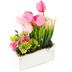 Gestecke MY HOME "Tulpen Wildrosen und Gras", rosa, B:18cm H:26cm L:10cm, Kunstpflanzen, Im Topf, aus Holz, Blumendeko