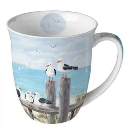 Tasse 10cm Porzellan mit Möwen & Strand Motiv - 0,4L Keramiktasse Porzellangeschirr Kaffeetasse Teetasse Kakaotasse Maritime Porzellantasse Hellblau