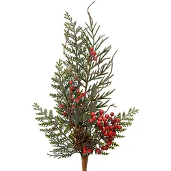 Künstlicher Zweig 50cm mit Zapfen und roten Beeren beschneit Grün Rot