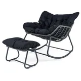 KOMFOTTEU Schaukelstuhl mit Hocker, übergroßer Gartensessel gepolstert mit abnehmbaren Sitzkissen, Relaxsessel aus Rattan mit Metallrahmen bis 15... - Schwarz
