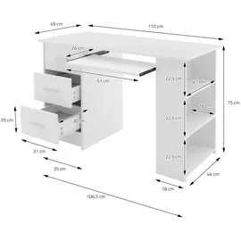 ML-Design Schreibtisch 110x49x75 cm Weiß 3 Schubladen, 3 Regale Tastaturauszug Bürotisch Computertisch Stauraum