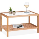 Relaxdays Beistelltisch, Wohnzimmertisch mit Glasablage, HBT 35x60x40 cm, Ablagetisch Walnussholz, Kaffeetisch, Natur