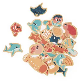 Janod - 24 Magnete aus Holz mit Magneten - Thema Meer - Meereswelt - Holzspielzeug - Ideal für Tafeln oder Kühlschränke - Magnetisches Lernspielzeug, zum Anfassen, Experimentieren - Ab 2 Jahre
