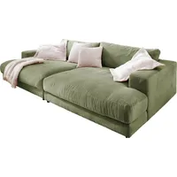 KAWOLA Big Sofa MADELINE mit Holztablett schwarz für Armlehne Cord olivgrün