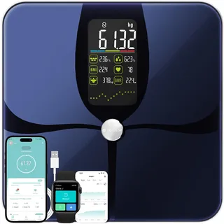 Lepulse Körperfettwaage F4 Pro, Aufladbar, Großes Display, Waage mit Körperfett und Muskelmasse, Personenwaage mit Körperfettanalyse, Trend, Körperwaage mit APP, Waage Personen, 22 Körpermaße