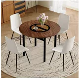 STILVORA Essgruppe Runder Tisch-Set mit Ablagefach 4 weißen PU-Sesseln&brauner Tisch