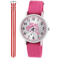Pacific Time Kinder Armbanduhr Mädchen Junge Pferd Kinderuhr Set 2 Textil Armband rosa + rot Weiss analog Quarz 10568
