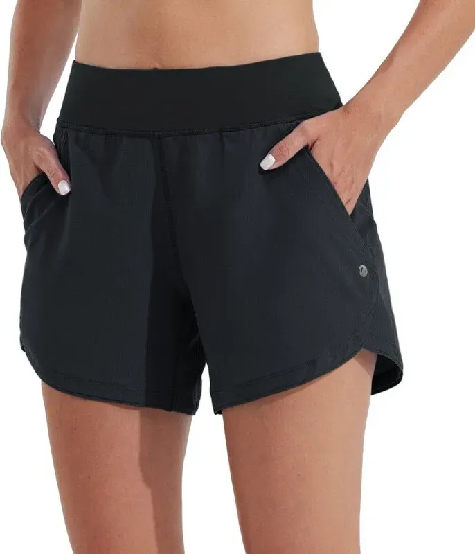 Willit Damen-Badehöschen, UV-Schutz 50+, mit hohem Bund und eingesetzten Taschen, Länge 5 Zoll, Schwarz, Größe 50