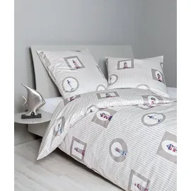 JANINE Moments Mako-Satin Leuchtturm Streifen Sand 135 x 200 cm + 80 x 80 cm