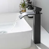 ONECE Wasserhahn Bad Hoch Schwarz, Wasserfall Armatur für Aufsatzwaschbecken, Waschtischarmatur hohe Waschraumarmatur mit Auslaufhöhe 200mm, Einhebel Wasserfallarmatur, Schwarz