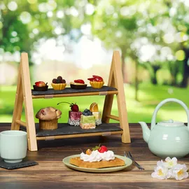 Relaxdays Etagere, 2 Etagen, mit Schieferplatten, HBT 27x32x17 cm, rustikaler Servierständer, Bambus-Gestell, natur/grau