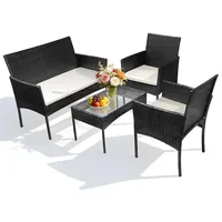 Eikuavons 4-teiliges Polyrattan-Gartenmöbel-Set mit 2 Sesseln, Sofa, Glastisch und Kissen, Schwarz - Schwarz