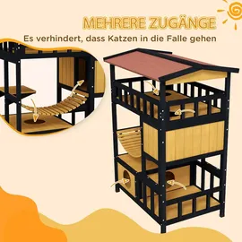 PawHut Katzenhaus Katzenhöhle mit Plattformen, Hängebrück für bis zu 2 Katzen - Gelb