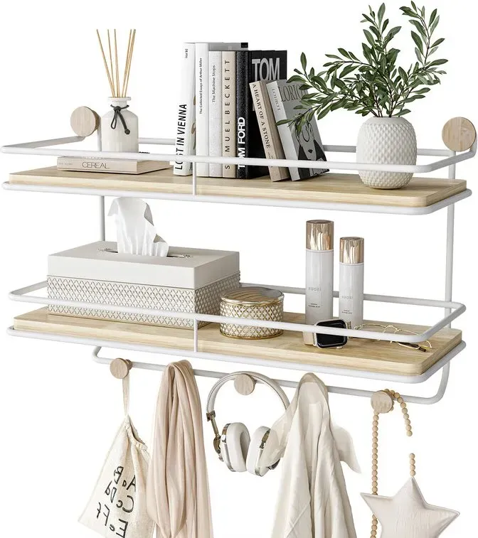 KAPANOU Freischwebende Regalböden, 2-stufig, mit Kleiderstange und Haken, wandmontiert, Regalboden mit natürlichem Holzoptik, für Badezimmer, Schlafzimmer, Wohnzimmer (Weiß), Jahreswechsel-Aktion, Top-Geschenkideen