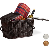 Relaxdays Picknickkorb mit Deckel, geflochten, Stoffbezug, Henkel, großer Tragekorb, handgefertigt, Rattan, Schokobraun