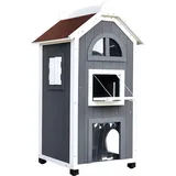 Pawhut Katzenhaus Für Draußen 2-stöckiges Katzenhaus Aus Tannenholz, Wetterfest Katzenhütte Mit Asphaltdach, Grau, 59 X 55 X 109 Cm