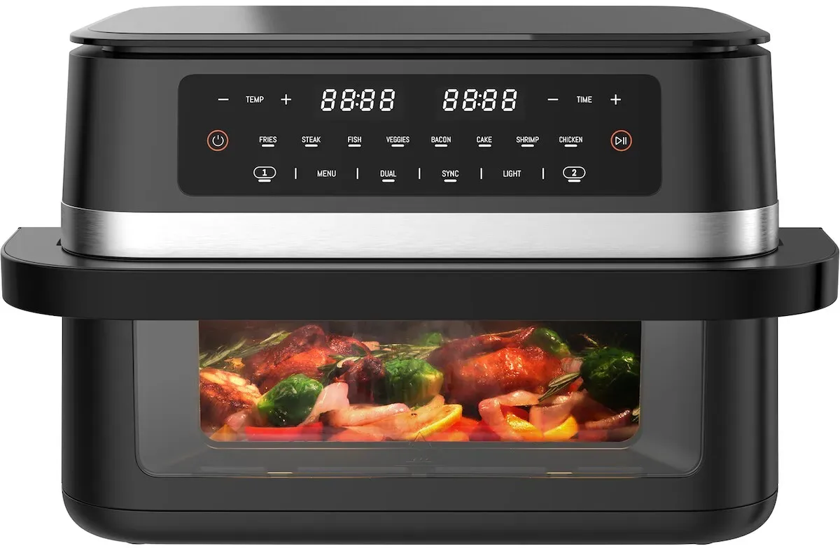 Heißluftfritteuse XXL 2 karmmern, Airfryer mit Sichtfenster & Beleuchtung, Doppelkammer + abnehmbare Trennwand, Sync-Funktion, LED-Touch, 8 Programme