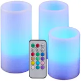 LED Echtwachs Kerzen mit Timer und Fernbedienung - 3er Set - Farbe einstellbar flackernde Kerze Deko Farbwechsel und Funktionen