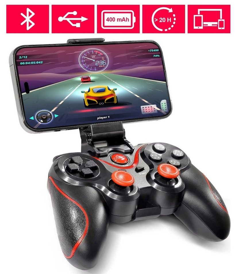 EAXUS Bluetooth Gamepad für Fire TV, Smartphone, Android, Google TV & Co. Controller (inkl. Smartphone-Halterung, Auch für Cloud Gaming, Handy & VR) rot|schwarz