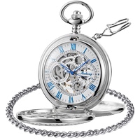 Tiong Vintage Double Hunter Taschenuhr mit Kette Glatter Stahl Mechanische Steampunk Römische Ziffern Taschenuhr & Geschenkbox Herren Bestes Geschenk, silber, blau, Retro