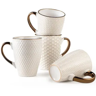Gooditour Keramik-Kaffeetassen-Set – 473 ml große Kaffeetassen – geprägte Steingut-Tassen mit Griff für Latte Tee, Cappuccino Kakao – mikrowellen- und spülmaschinenfest – 4er-Set – Weiß