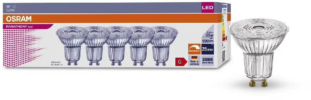 Osram Parathom PAR16 Leuchtmittel mit GU10-Fassung | 5er-Set | Dimmbar | 2700 K | Warmweiß | 230 lm