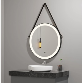 Testrut axentia LED-Badspiegel, runder Spiegel mit Aufhänge-Gurt, schwarz, Ø ca. 60 cm