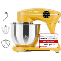 KLAMER Küchenmaschine 1800W, Knetmaschine Brotteig mit Edelstahl-Rührschüssel 6 L, 10 Stufen mit Timer, Planetenrührwerk, Rührbesen, Knethaken... - Gelb