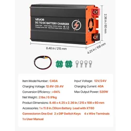 Vevor DC-DC Ladebooster 40 A 520 W, Ladegerät für Lichtmaschine 12 V / 24 V-12 V / 24 V Schnellladung für LiFePO4 AGM Gel Batterien & Powerstations Wohnmobil Caravans Notstromversorgung zu Hause