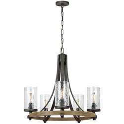 Licht-Erlebnisse Kronleuchter CADIZ Schiefergrau, Transparent, Eiche verwittert, Stahl, Holz, gewelltes Glas, 5x E27 bis 60W LE121019